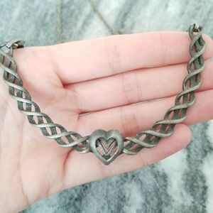 Vintage Silver Tone Heart Center Necklace, Woven Braided Design, Estate